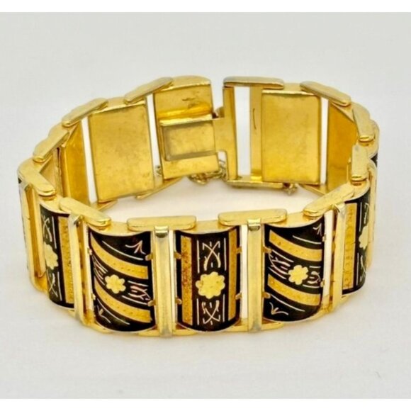 Vintage Damascene Links Bracelet Gold-Tone Metal with Etched Black Floral Motif~ - Picture 3 of 8